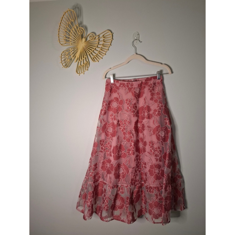 Lulus Pink Floral Organza Midi Skirt High Waisted Ruffle Hem Size S